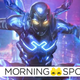 The Blue Beetle, in costume, flies across a neon-soaked, futuristic city.